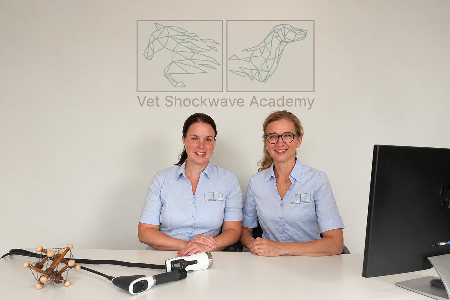 Dr Elisabeth Binder and Dr Karen Barker-Benfield at the Vet Shockwave Academy, with two shockwave handpieces in front of them
